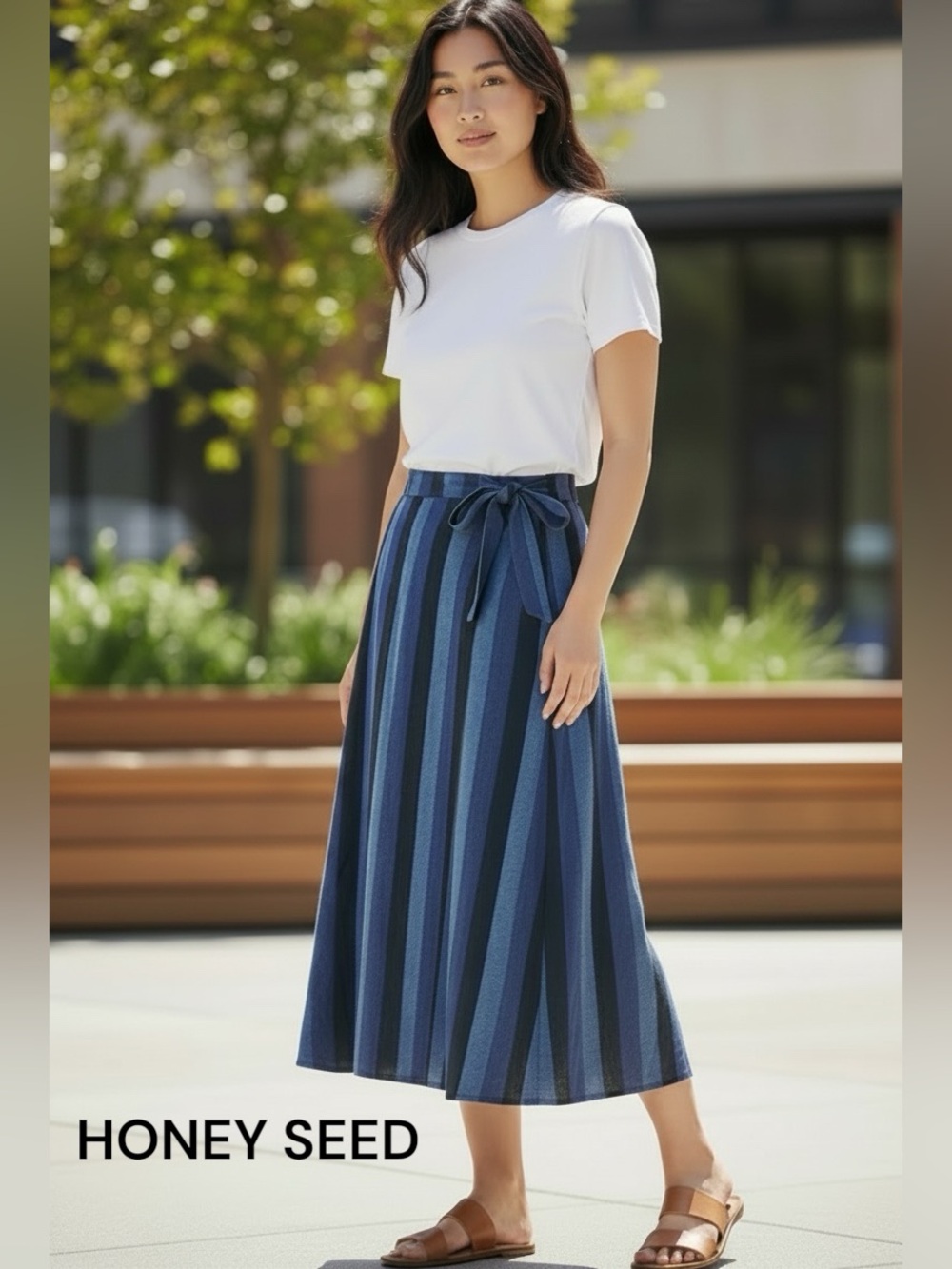 Honey Seed Blue Jeans Stripe Tie-Waist Midi Skirt xs